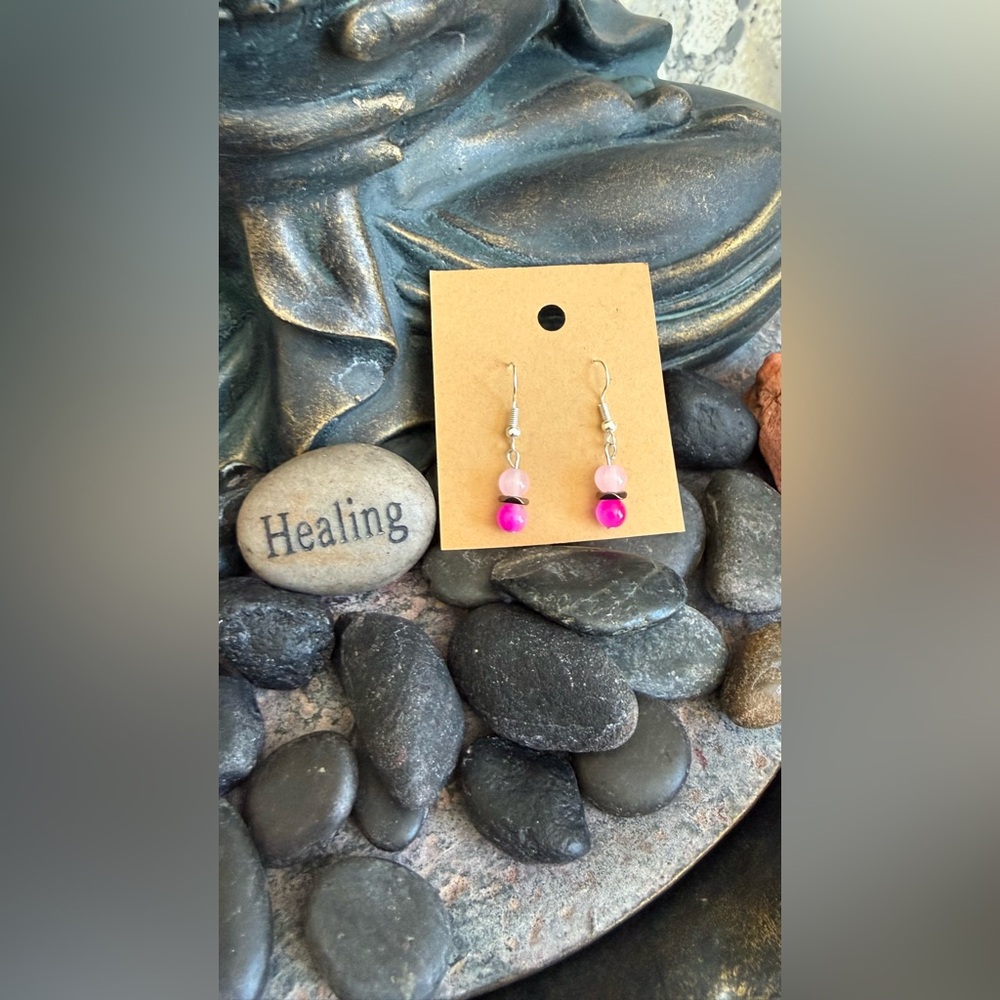 Handmade Stainless steel hook drop pink bead earrings.